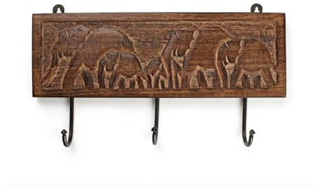 Ajuny Wooden Wall-Mounted Coat Rack with Elephant Carving 3 Hooks Pre-Drilled Holes for Hanging Clothes Keys Towel & Robe Hooks for Hallway Bathroom & Bedroom Home Decor Gifts (37.5 × 21 cm)