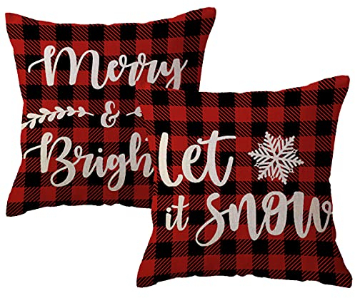 Merry and Bright Christmas Decor Kissenbezüge, 45,7 x 45,7 cm, Rot und Schwarz, Büffel-Karo Bauernhaus, Weihnachtsdekoration, Let It Snow Winter Urlaub Überwurf Kissen Fall für Sofa/Couch/Veranda