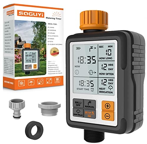 SOGUYI Timer per Irrigazione, Modalità di Automatica/Manuale Computer Irrigazione, Programmatore Irrigazione a Batteria, Temporizzatore Irrigazione con Ampio Display LCD,Timer Irrigazione Giardino