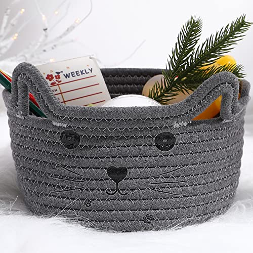 Kleiner Katzenkorb zur Aufbewahrung Gewebter Korb Organizer mit Ohren Dekoratives Haustier Spielzeug Niedlicher Korb Baumwolle Seilkorb für Geschenke Katze Hund, 8,3 Zoll L x 4,7 Zoll H (Grau)