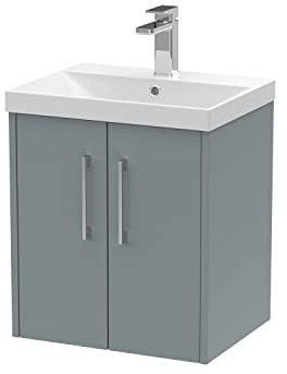 Hudson Reed JNU2321D Juno Modern Bathroom Wall Hung 2-Door Vanity with Thin-Edge Ceramic Basin, 500mm, Matt Coastal Grey