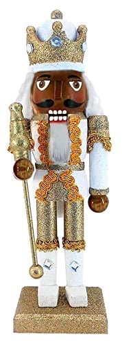 Nutcracker Ballet Gifts Christmas Holiday Wooden African American Traditional Nutcracker Figure King with a Gold and White Uniform Jacket, Crown, and Scepter, 10 Inch