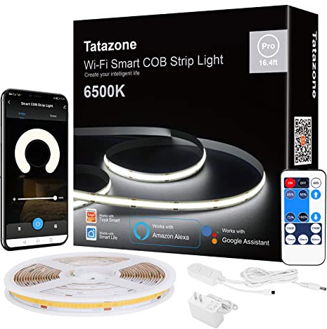 Tatazone Smart White COB LED Strip Light with App, 5.0 m 6500K Bright Daylight White WiFi COB Light Strip Work with Alexa Google Assistant, COB Led Lights for Ceiling, Kitchen, Room, Cabinet