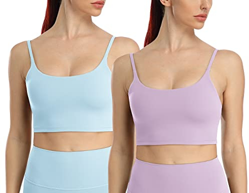 icyzone Damen Longline Sport-BH mit Gepolstert Fitness Yoga Top Strappy Bra, 2er Pack (M, Baby Blue/Orchid Purple)