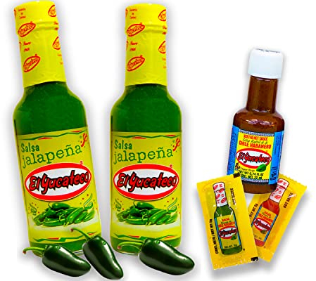 El Yucateco Scharfe Soße Set (Caribbean, Chipotle-Chili und Jalapeno) (2er Set Jalapeno Salsa + Miniflasche)