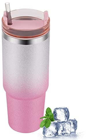 Misvayli 30oz Shiny Travel Tumbler with Straw and Lid, Stainless Steel Gradient Color Insulated Coffee Mug for Hot & Cold Drinks, Portable Reusable Cup, Leak Proof Bottle Water Tea(Pink)