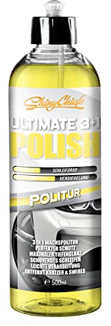 ShinyChiefs ULTIMATE 3+1 POLISH - Kratzerentferner, Hochglanzpolitur und Versiegelung in einem, Hologrammfrei - Schnelle Lack-Pflege mit Politur, Naturwachs und Silikon, Komplettpolitur 500ml