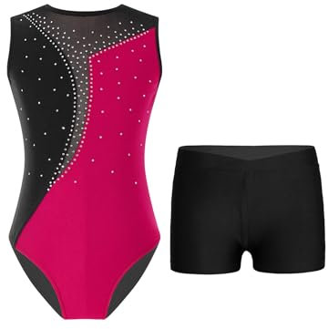 TTAO Kinder Mädchen Ärmellos Gymnastikanzug mit Strassstein Training Leotard mit Shorts Turn Set Gymnastik Training Dancewear Gymnastikbody Hot Pink & Schwarz 146-152