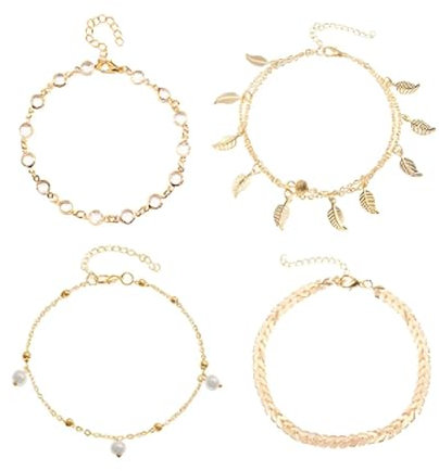 PLABBDPL 4 Pièces Bracelet Cheville Or Femme Acier Inoxydable Chaine De Cheville Plaqué Or Perles Tennis Dainty Chevrons Cubain Trombone Lien Chaîne Pied Réglable Empilable Boho Plage Pied Bijoux