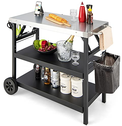GOPLUS Mesa de barbacoa, carrito de comedor móvil de 3 niveles con estante ajustable, soporte para teléfono móvil, estante para especias, toallero, estante de garaje, soporte para bolsas y ganchos,