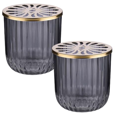 Murago - 2er Set Glas Windlichter Grau mit Metalldeckel in Gold je ca.9,4x9,2cm - Kerzen Deko Teelicht Halter Teelichthalter transparent geriffelt Kerzengläser Tischdeko für kleine Stumpenkerzen