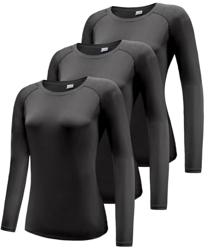 Boyzn 3 Pack Women's Long Sleeve Gym Tops, Moisture Wicking Ladies Sports T-Shirts, Long Sleeve Workout Yoga Tops for Women, Outdoor Athletic Fitness Yoga Shirts for Running Gym Exercise Black-3P07-L