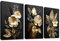 3 Panels 3D Schwarz Gold Blumen Mit Rahmen Leinwand Bilder Monstera Kokosnuss Blätter Bild auf Leinwand Malerei Poster Wandbilder Wohnzimmer Schlafzimmer Badezimmer Wanddeko 120x60cm (16x24x3pcs)