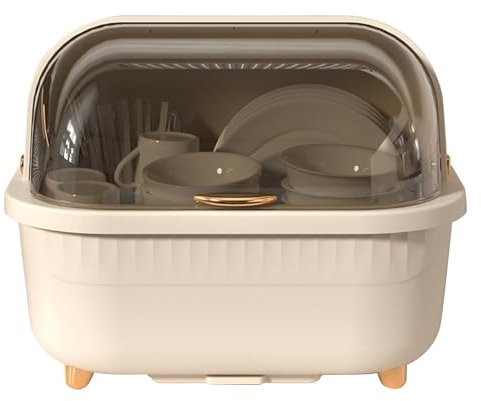 Plastic Dish Drying Rack Dish Drain Storage Box Multifunctional Tableware Holder Space Saving Dish Drainer with Lid Cover for Kitchen Accessories (Apricot L)