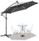 Tubiaz Grand parasol déporté solaire à LED de 300 cm avec manivelle en aluminium avec support, protection UV, imperméable pour balcon jardin terrasse, gris