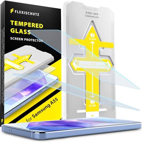 FlexiSchutz® Schutzglas für Samsung Galaxy A55 5G Schutzfolie, Screen Protector, Glas Displayschutzfolie mit Praktischer Installationshilfe, Displayschutz, Glas Folie mit Schablone [2 Stück]