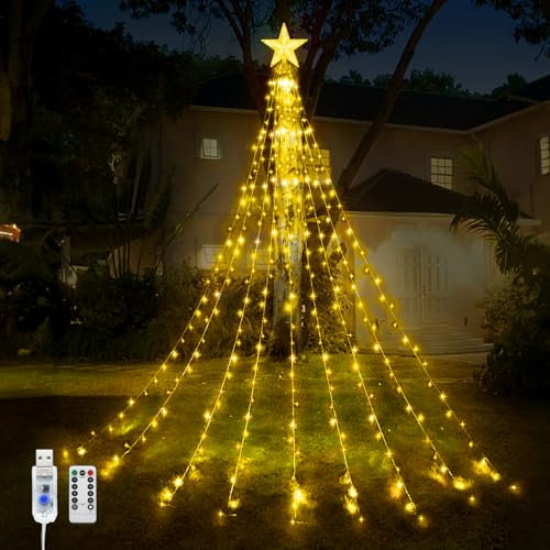 WoskjXas Luces Arbol Navidad con Estrella, 9 Piezas 2M 198LEDs USB Guirnalda de Luces de Navidad con Control Remoto, 8 Modos Impermeable Cascada Luces, Luces de Navidad Decorativas