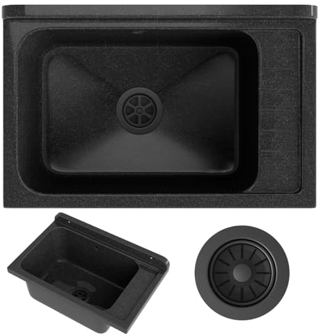 GRANITAN Lavandino da Esterno per Garage Lavanderia e Officina - Lavatoio per Installazione Interna ed Esterna - Lavello da Lavoro Universale - 58x38x26,7 cm - Nero