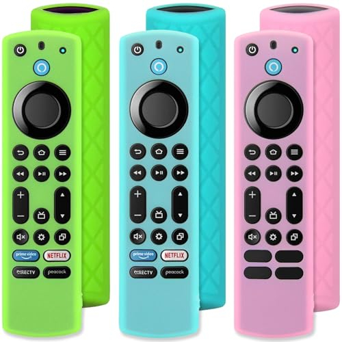 Pinowu Silikon-Schutzhülle für Fernbedienung (leuchtet im Dunkeln) für Fire TV Stick 4K Max/Insignia/Pioneer/Omni (QLED) Serie Alexa Voice Remote Enhanced w/Lanyard (Grün + Türkis + Pink)