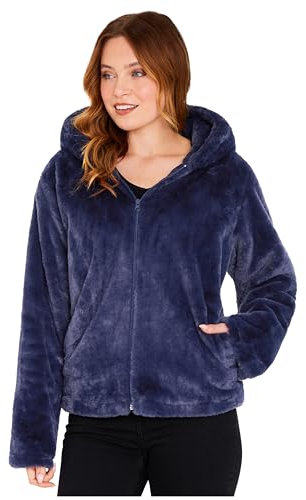 CityComfort Womens Fluffy Coat with Hood, Cosy Stylish Faux Fur - Gifts for Her (Navy, L)