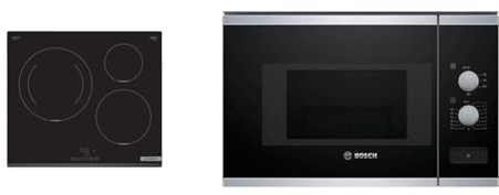 Bosch PUJ631BB5E TouchSelect - Encimera inducción encastrable, 60 cm, 3 zonas, zona de 28 cm, Ser. Círculo, Bisel delantero, negro & Microondas Integrable, Serie 4, 20 litros, 800 W, Negro, BFL520MS0.