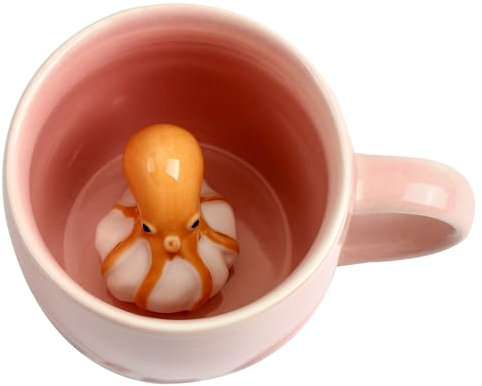 Ewaymado Oktopus-Keramiktasse, verstecktes 3D-Tier im Inneren, handgefertigte Tierfigur, Teetasse, Weihnachten, Geburtstag, Muttertag, Geschenke für Freunde, Familie oder Kinder (rosa Oktopus)