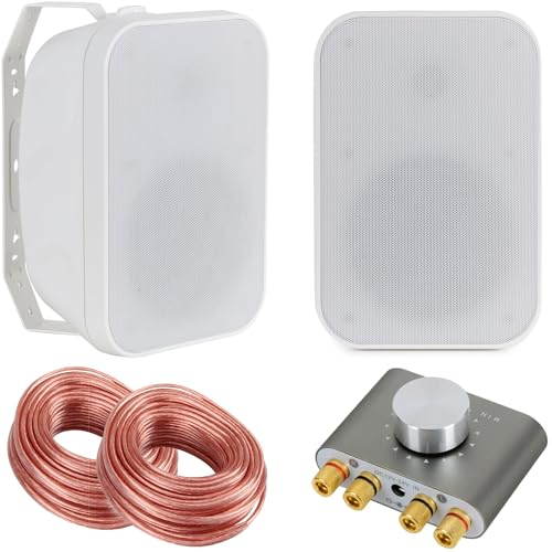 McGrey OLS-651WH Zwei-Wege HiFi Outdoor-Lautsprecher - 60 Watt - Weiß - mit Bluetooth Set - inklusive Mini-HiFi-Verstärker und Lautsprecherkabel