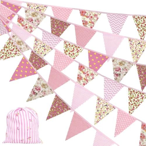 Fabric Bunting 40FT/12M Bunting Outdoor Waterproof Bunting Banner Garden 42pcs Vintage Flag Triangle Flag Vintage Cloth Garland for Wedding Birthday Baby Shower Party Home Decoration Pink