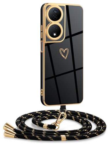 Mkej Coque pour Honor 90 Smart avec Cordon, Coque avec Collier Motif Coeur d'amour Silicone Galvanisé Housse, Réglable Amovible de Cordon Case pour Honor 90 Smart, Or Noir