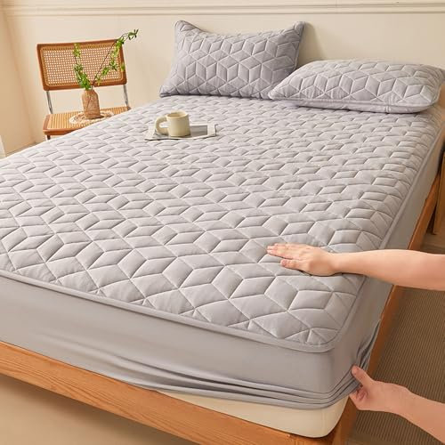 HAIBA wasserdichte Matratzenauflage 180 x 200 cm + 30 cm Grau Inkontinenz Spannbettlaken, Atmungsaktive wasserdichtes Bettlaken Nässeschutz, Waschbar Spannbetttuch mit 2 Kissenbezug