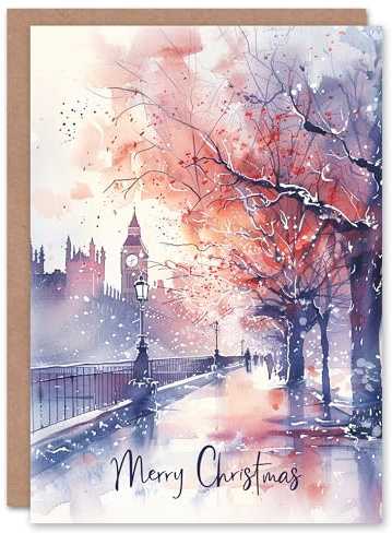 Artery8 London Street View Big Ben Winter Watercolour Blank For Him Or Her Art Christmas Card