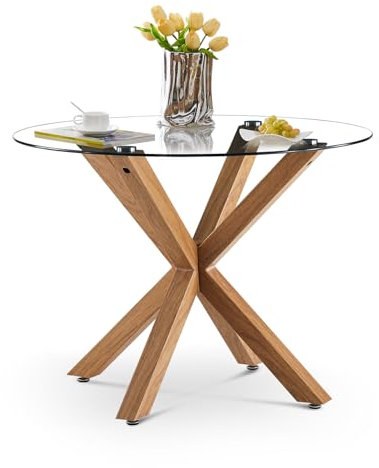 Mesa de comedor redonda con parte superior de cristal templado y patas de madera, mesa de cocina pequeña de 100 cm para el hogar, sala de estar, ideal para esquina de comedor
