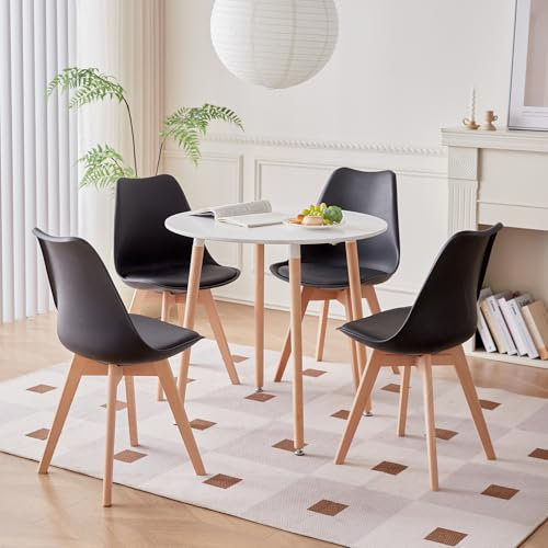 DEYARNA HOME Essgruppe 5-Teilig, Esstisch und 4 Esszimmerstühle, 80cm runder Tisch und 4 Stühle für Esszimmer, Wohnzimmer, Balkon, Cafe, Büro und so Weiter (weißer Tisch+schwarze Stühle, 80*80*75cm)