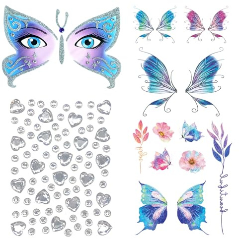Autocollant Papillon Ailes Tatouages Temporaires, Paillettes Papillon Faux Tatouages Autocollants, pour femme Noël Fête Festival Anniversaire Fête Costume Soirée