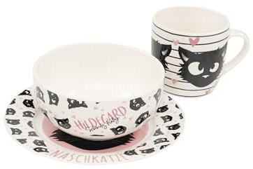 United Labels Ralf Schmitz 3-teiliges Geschirrset, Weiß, Hildegard Katze Frühstücksset aus Porzellan mit Teller Ø 19 cm, Tasse 220 ml und Schale 330 ml, Geschirr Set