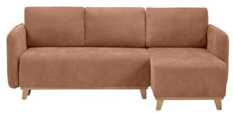Miliboo Ecksofa, ausziehbar und wendbar, 3-4-Sitzer, Stoffbezug, Terrakotta und helles Holz, Romane