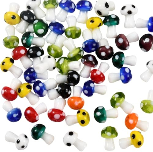PONABEADIY 1 boîte de 50 perles en Verre de Couleurs Mélangées en Forme de Champignon avec Trous Colorées et Mignonnes Ornements en Verre Soufflé Breloques Perles D'Espacement pour la Fabrication de B