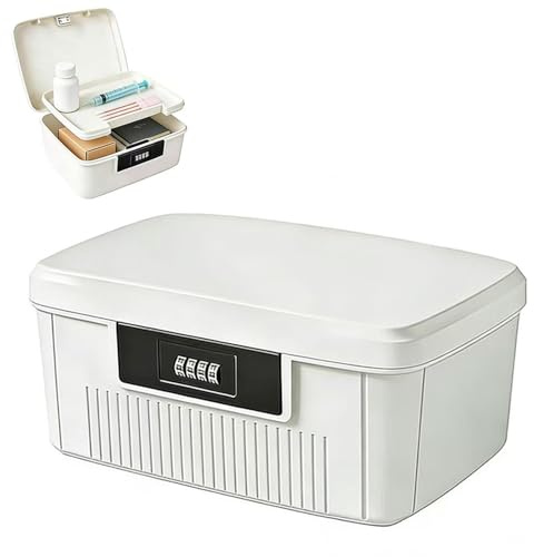 Chiziyixin 2 Layer Medicine Storage Box,Medication Lock Box with 4 Digital Code,Portable Handle,Removable Tray,Lockable Medical Storage Organiser for Home Cabinet School Office 25X21X11.5cm (White)