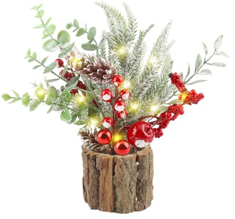 CYIOU Mini Kleiner Weihnachtsbaum Tisch 30cm Künstlicher Weihnachtsbaum | Klein mit Weihnachtsschmuck Tannenzapfen Roten Beere Schneeflocken Kleine Weihnachtsbäume für Desktop Christbaum Deko