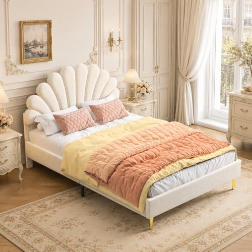 OLIVIBED Polsterbett Kinderbett 140x200 cm, Doppelbett mit Lattenrost und Verstellbares Kopfteil in Blumenform, Mädchen Bett aus Holz, Samtstoff, Bett für Schlafzimmer, Ohne Matratze, Beige