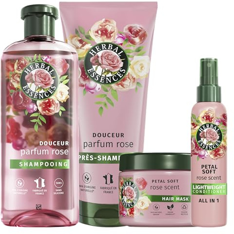 Herbal Essences Douceur Rose Shampooing Coffret - Cheveux Secs | Shampoing 250ml, Après-Shampoing 200ml, Masque 500ml, Spray Léger 145ml. Aide à Rendre les Cheveux Secs Soyeux.