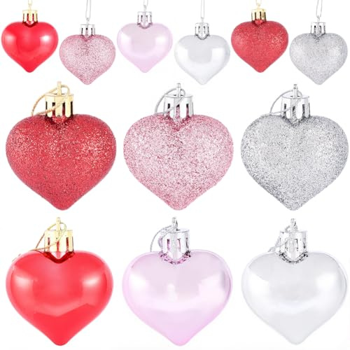 SOFPLATE 36Pcs Valentine Heart Ornaments Red Pink Silver Heart Decor Romantic 3D Baubles with Glitter Matte Shiny Finish Hanging Ornaments for Valentine Day Tree Wedding Home Party Decorations