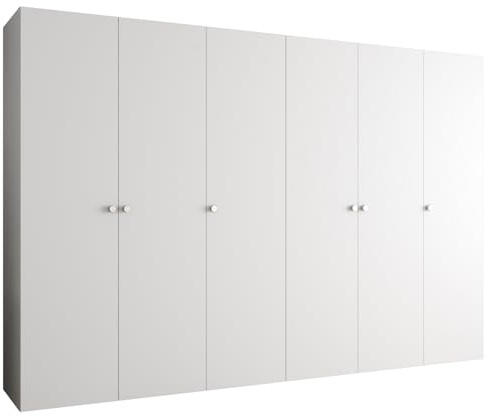MEBLE KRYSPOL - Kleiderschrank - Garderobenschrank - 300 cm x 202 x 52 cm - Schrank mit Kleiderstange, 6 Türen - für Schlafzimmer, Flur - Parma, Weiß, Griff Silber
