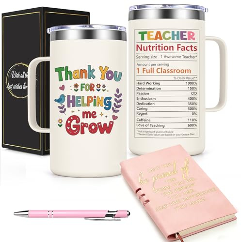 Livole Teacher Gifts for Women, 20oz Travel Mug with Handle, Teachers Thank You Gift, Thank You for Helping Me Grow, Teacher Gift Set with Notebook, Ballpoint Pen