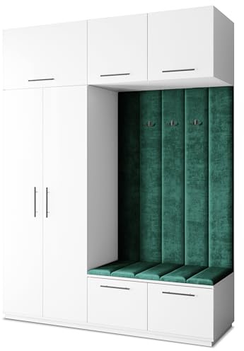 Masseno Flugarderoben Set Rema, Kleiderschrank-Set mit Sitzbank, Garderobenschrank Flur mit 5 Regalböden, Weiß