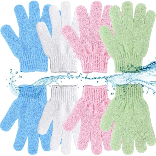 8 Pcs Shower Gloves Eexfoliating for Women & Men(4 Pairs), Double Sided Deep Clean Body Nylon and Polyester Bath Exfoliator Scrub Gloves Bulk for Shower, Spa, Massage, Dead Skin Cell Remover