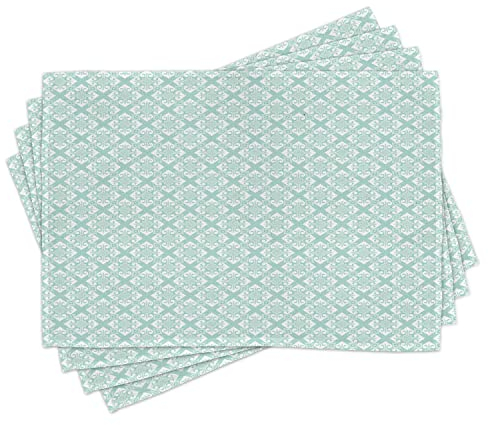 ABAKUHAUS Teal und Weiß Platzmatten, Mosaik-Blumendetail, Waschbare Stoff Esszimmer Küche Tischdekorations Digitaldruck, Mintweiß