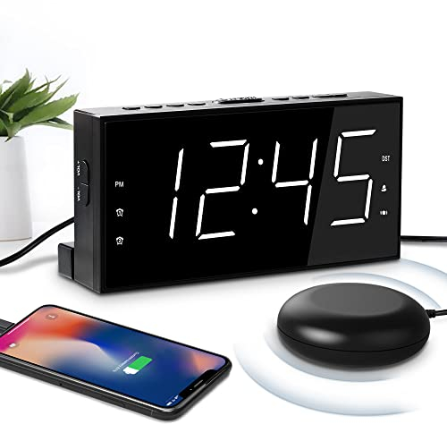 Reloj Despertador de Vibración Fuerte con Agitador de Cama para Personas Sordas, con Problemas de Audición, Personas que Duermen Mucho, Alarma Doble, Cargador USB, Fácil de Configurar, Atenuador
