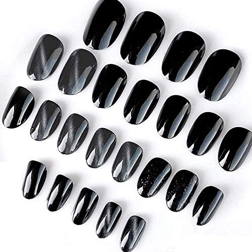 Mysterious Cat Eye Nail Patch With Jelly Gum 24Pcs,Shine Full Cover Art Design Fake Nails,Reusable Glue Nail Stickers for Professional Salons (Black)