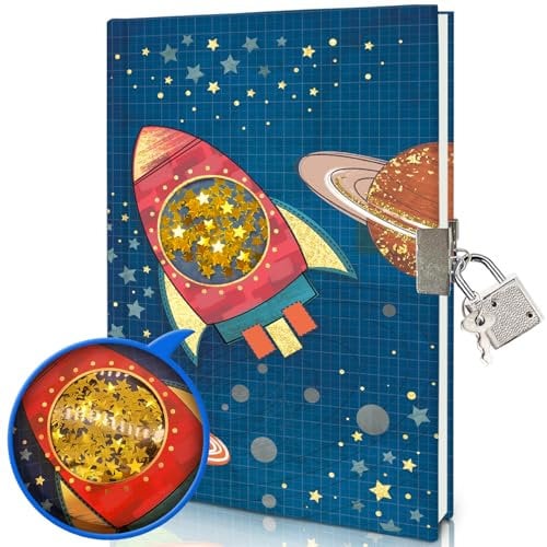 GINMLYDA Secret Diary with Lock for Boys, 7x5.25 Inches 160 Lined Pages Shakable Sequin Boy Diary Spacecraft Journal for Kids Notebook Boys Gifts for Birthday Presents Toys 5 6 7 8 9 10 Year Old